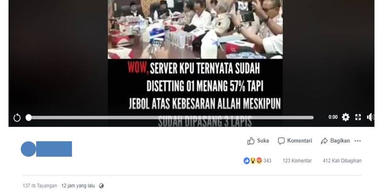 Video di Facebook yang menyebut server KPU telah diatur memenangkan capres dan cawapres tertentu.