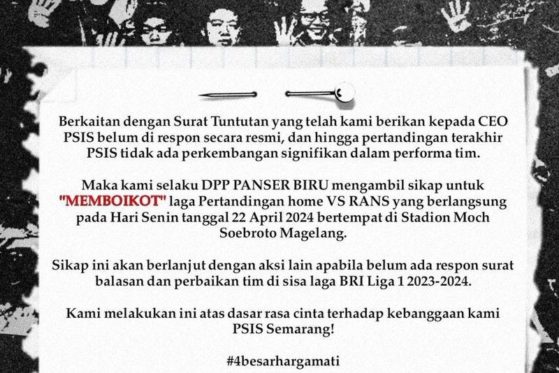 Penyebab Suporter Panser Biru Boikot Laga PSIS Semarang Vs RANS Nusantara