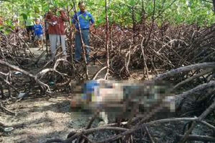 Mayat busuk yang ditemukan di hutan mangrove oleh warga desa Baddurih, Kecamatan Pademawu, Jumat (27/12/2013). 