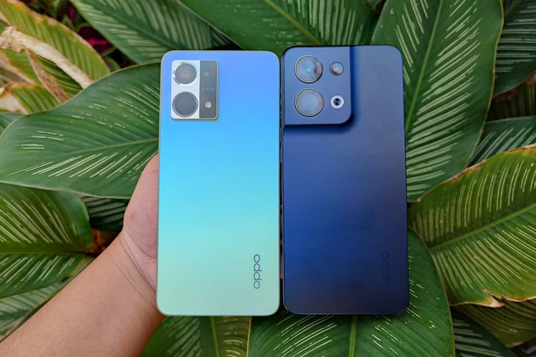 Perbandingan desain punggung Oppo Reno 8 4G (kiri) dengan Oppo Reno 8 5G (kanan).