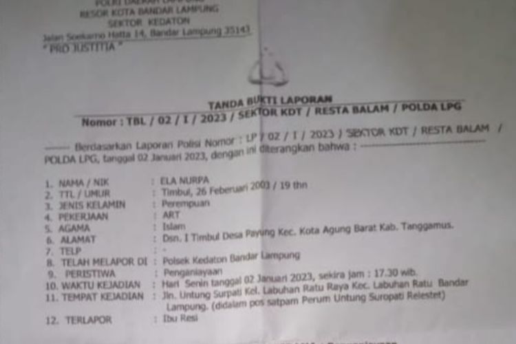 Surat terima laporan dugaan penganiayaan yang dialami ART di Bandar Lampung oleh majikannya.