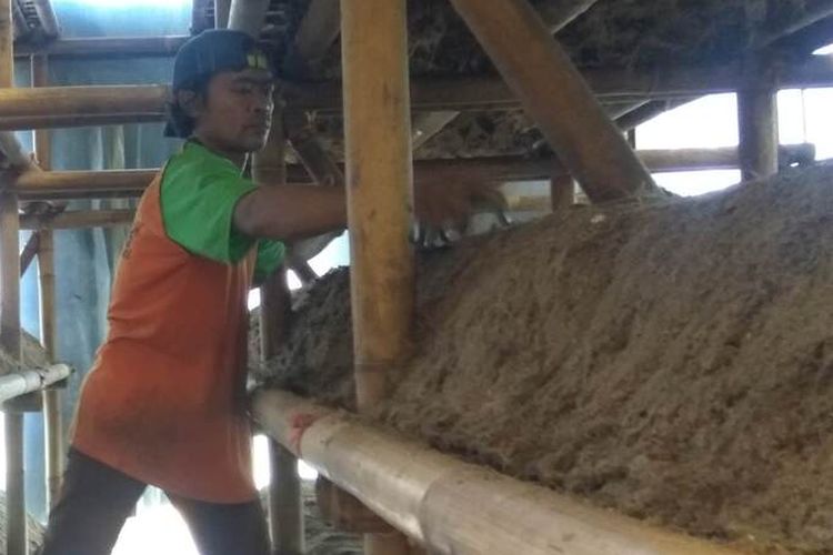 Seorang pegawai sedang menata limbah serabut aren sebelum diberi bibit jamur merang di kumbung di Dusun Sarayuda, Desa Kertaharja, Kecamatan Cijeungjing, Kabupaten Ciamis, Selasa siang (5/7/2022).
