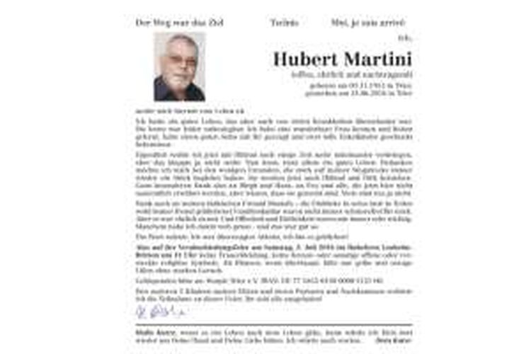 Obituari Hubert Martini yang dimuat di the Trierischer Volksfreund, Jerman.