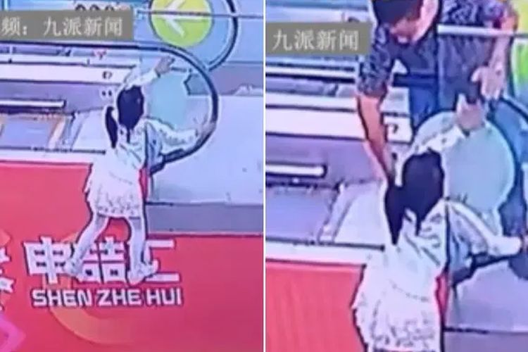 Tangkapan layar seorang pria bernama Ding menyelamatkan anak gadis yang tergantung di eskalator Shanghai Mall, China. Pria itu dikritik warganet lantaran disebut memegang pantat si bocah secara tidak pantas.