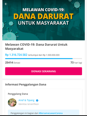 Tangkapan layar program donasi yang digalang Arief Muhammad di laman Kitabisa.com. Tercatat sudah terkumpul lebih dari Rp 1 miliar dalam waktu kurang dari 24 jam