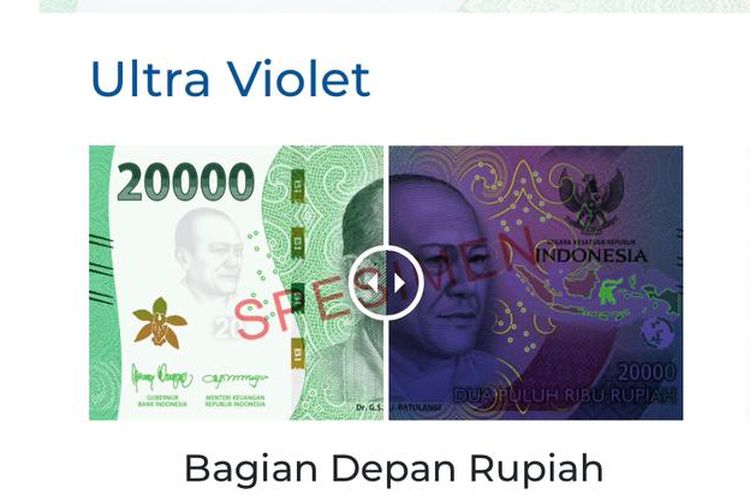 Tampilan bagian depan uang pecahan Rp 20.000.