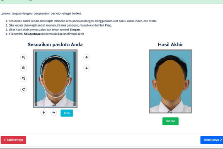 Tangkapan layar tampilan unggah pasfoto pada pembuatan akun LTMPT siswa.