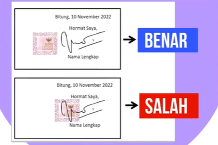 Tangkap layar ilustrasi tanda tangan yang tepat di e-meterai atau meterai elektronik (TikTok/@c.irwan10).
