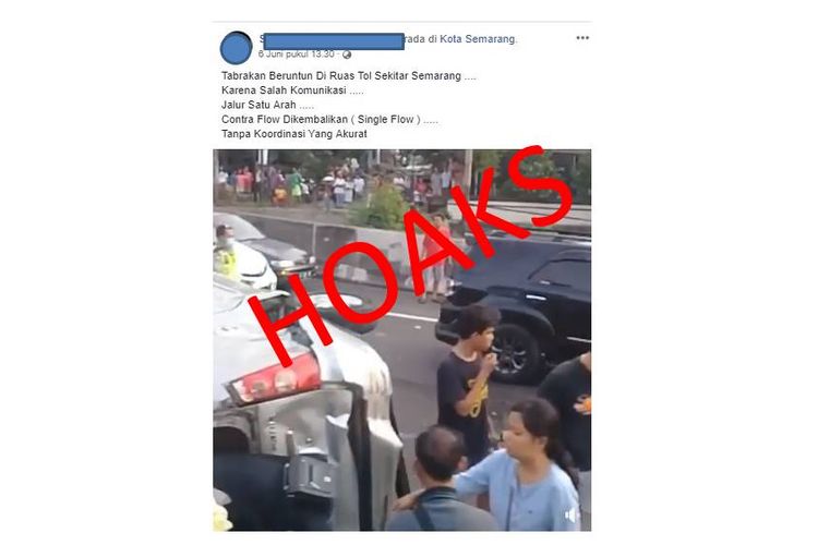 Hoaks, kecelakaan beruntun yang disebabkan karena miskomunikasi lajut contra flow di jalan tol Semarang.