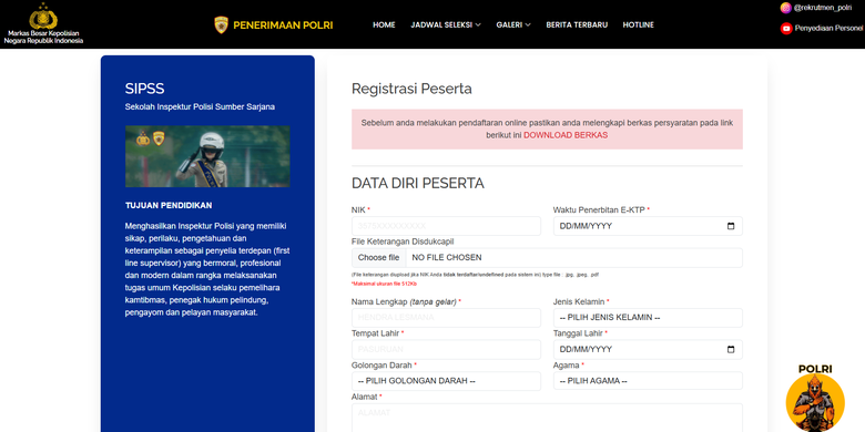 Penerimaan Polri 2026 jalur SIPSS (Sekolah Inspektur Polisi Sumber Sarjana). Cara daftar SIPSS Polri 2026. Jurusan yang dibuka dalam penerimaan Polri 2026 jalur SIPSS.