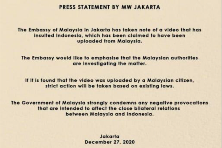Kedutaan Besar Malaysia di Jakarta melalui akun Facebook-nya mengatakan ?pihak berwenang Malaysia sedang menyelidiki masalah ini.