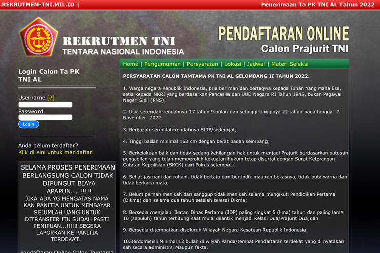 Tangkapan layar laman Rekrutmen Tamtama TNI AL http://al.rekrutmen-tni.mil.id