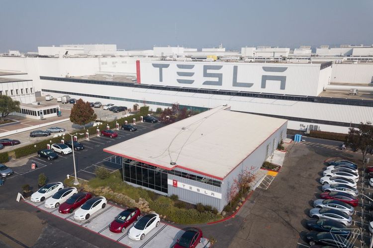 An illustration of the US electric automaker Tesla plant.  