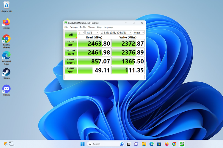 Hasil uji SSD Axioo Pongo 7 dengan software CrystalDiskMark
