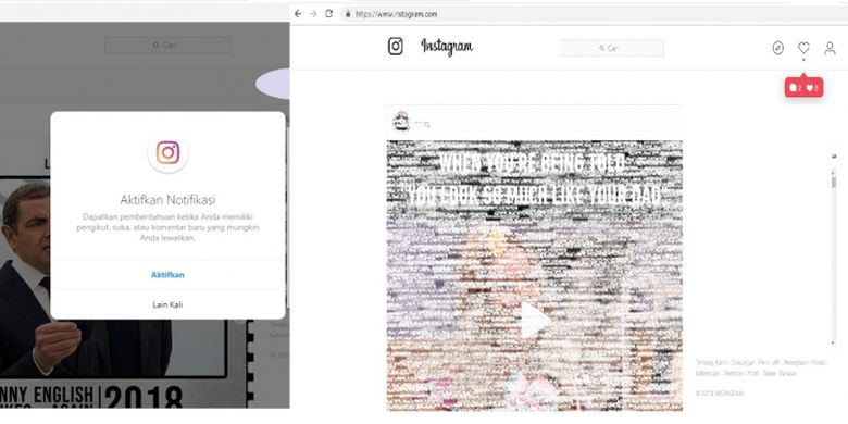 Tangkapan layar fitur notifikasi Instagram versi browser