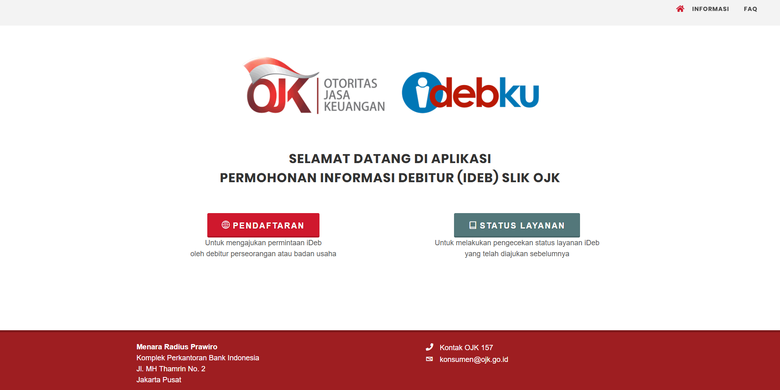 Tangkapan layar laman resmi iDebku OJK untuk mengajukan permohonan cek BI checking atau SLIK OJK secara online. Cara cek BI checking. Cara cek SLIK OJK. Arti skor BI checking.