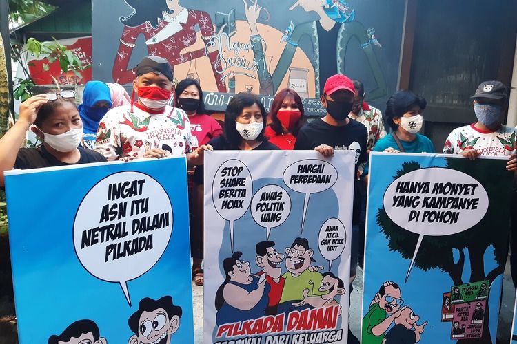 Kancane Gibran Gaes (KGG) meluncurkan karikatur Pilkada damai di Solo, Jawa Tengah, Rabu (5/8/2020).