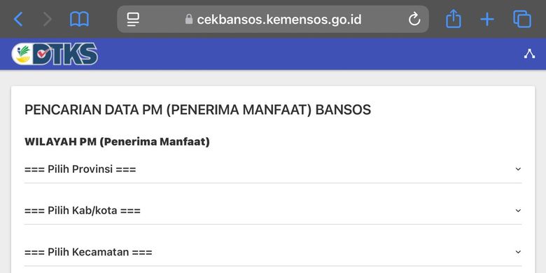 Tangkapan layar laman cek bansos Kemensos. Cara cek NIK KTP penerima bansos PKH 2025. Cara cek NIK KTP penerima bansos PKH Februari 2025.