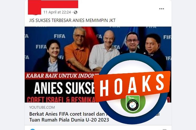 Tangkapan layar Facebook narasi yang menyebut bahwa Anies Baswedan berhasil membujuk FIFA untuk mencoret Israel dan meresmikan JIS sebagai tempat bertandingnya Piala Dunia U20 2023