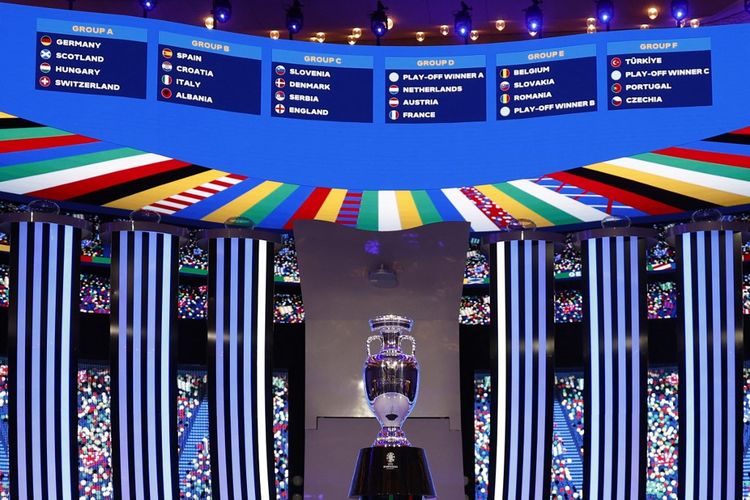 Hasil drawing Euro 2024 ditampikan dalam layar. Drawing Euro 2024 dilakukan di Hamburg, Jerman, pada 2 Desember 2023. (Photo by Odd ANDERSEN / AFP)