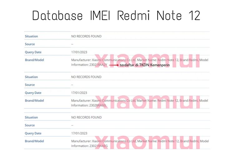 Tangkapan layar database IMEI yang menampilkan ponsel Redmi 23021RAA2Y, yang diyakini sebagai ponsel Redmi Note 12 4G.