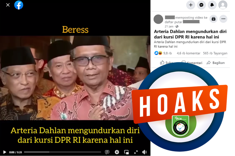 Tangkapan layar unggahan dengan narasi hoaks di sebuah akun Facebook, Selasa (4/4/2023), soal video menyebut Arteria Dahlan mengundurkan diri dari kursi DPR.