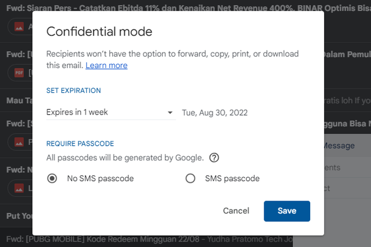 Cara menggunakan fitur Confidential Mode di Gmail.