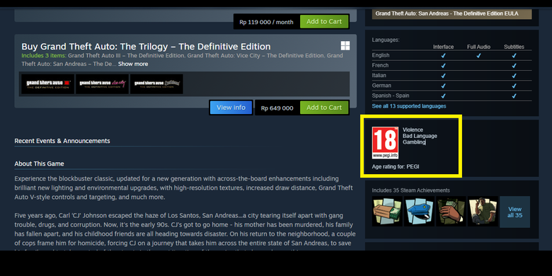 Tangkapan layar game Grand Theft Auto (GTA): San Andreas ? The Definitive Edition di laman Steam yang kini menanggalkan label rating dari IGRS. Game ini hanya menampilkan label rating usia dari PEGI dengan klasifikasi 18.
