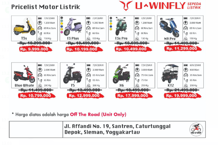 Daftar harga motor listrik Uwinfly Yogyakarta