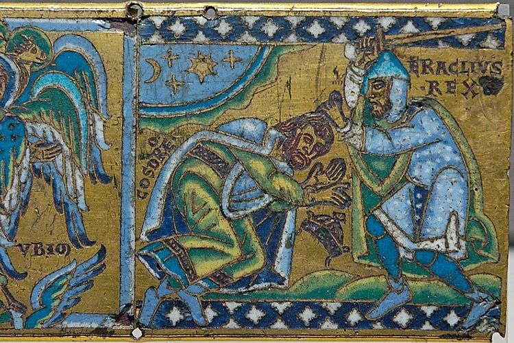 Ilustrasi Kaisar Heraklius menerima penyerahan diri Khosrau II dari Kekaisaran Sasaniyah.