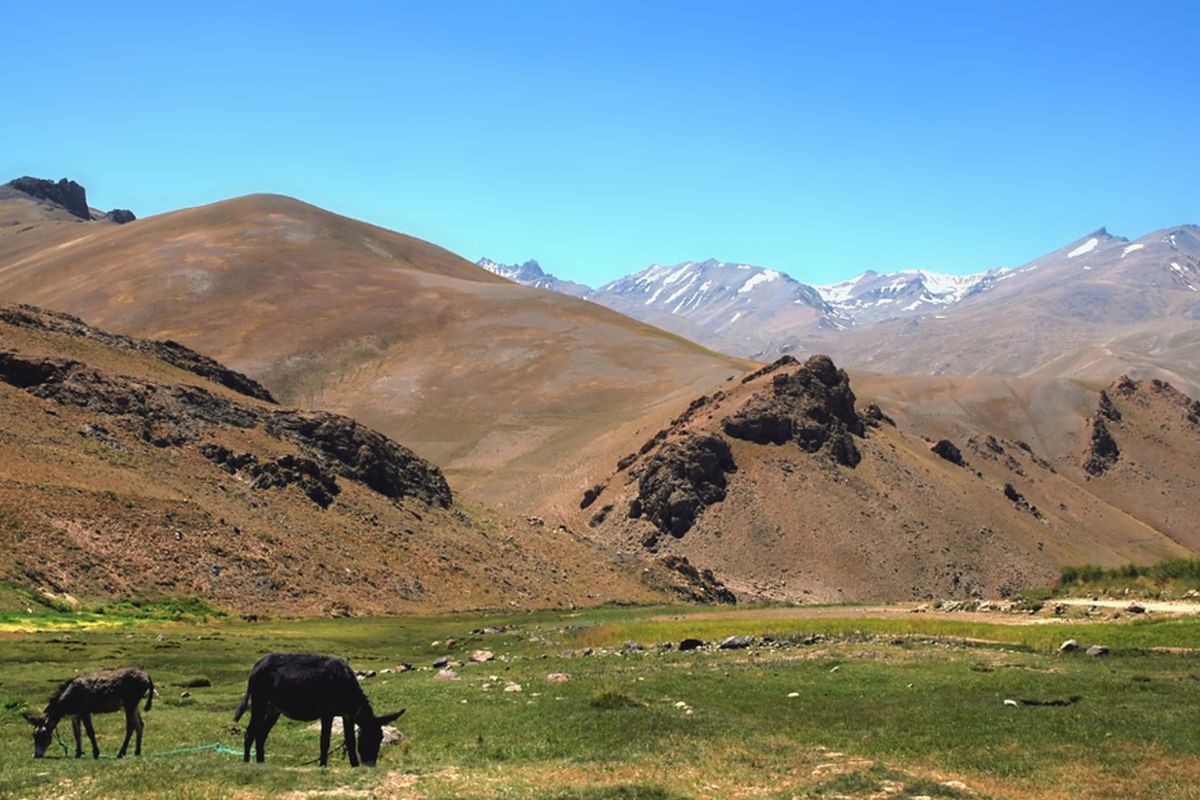 Pemandangan pegunungan antara Kabul dan Bamyan (Bamiyan) di Afghanistan. 