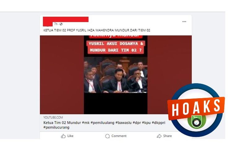 Tangkapan layar Facebook narasi yang menyebut Yusril mundur dari tim hukum Prabowo-Gibran