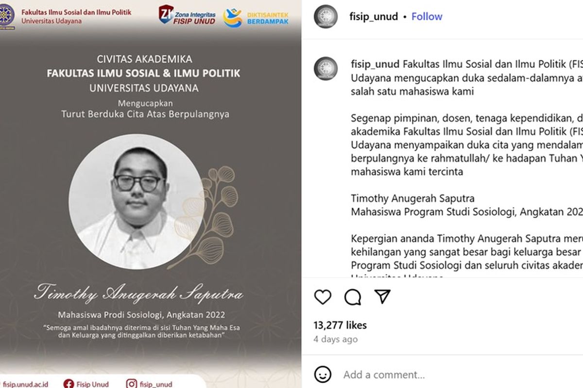 Tangkapan layar akun Instagram FISIP Universitas Udayana atas wafatnya Timothy Anugerah Saputra yang diduga menjadi korban perundungan atau bullying.
