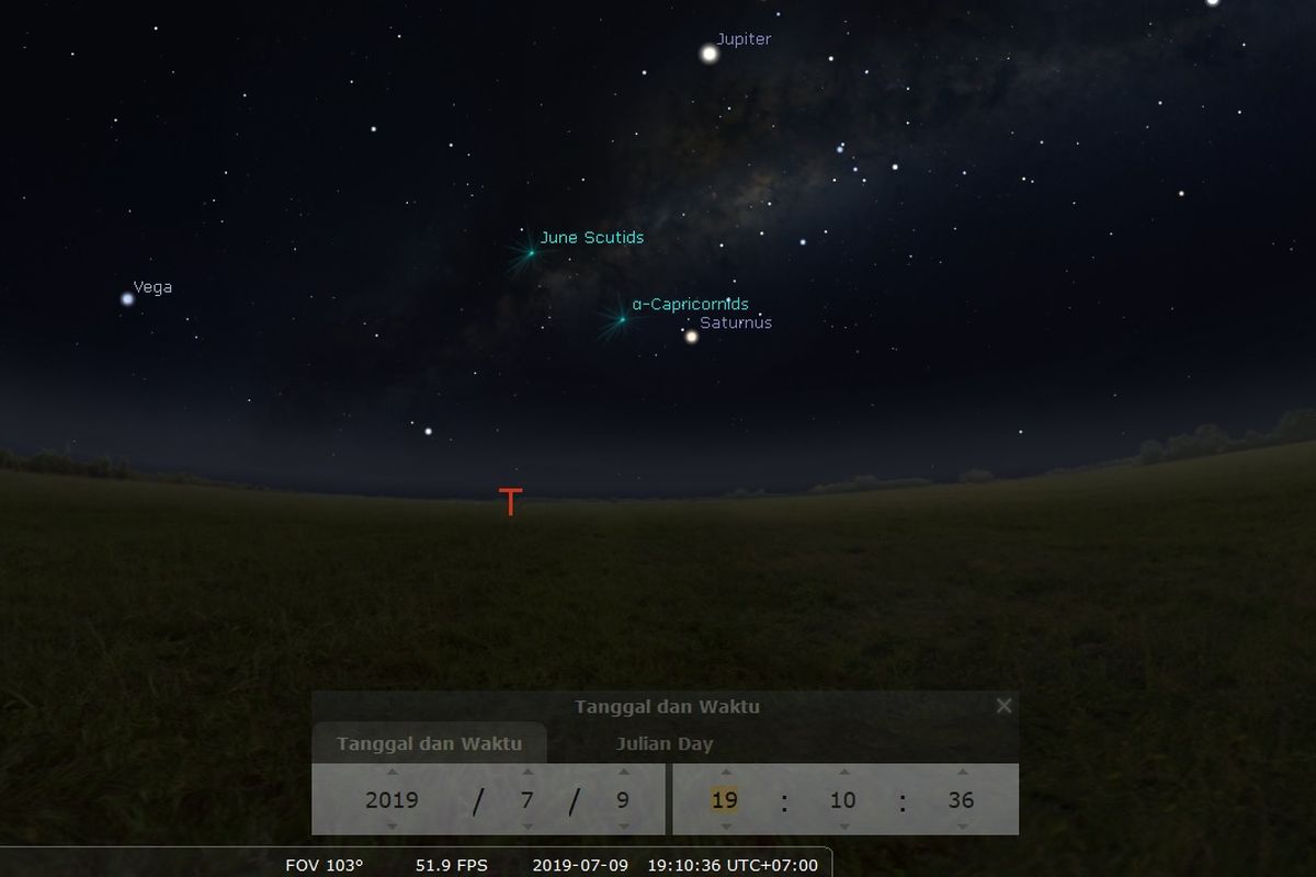 Ilustrasi pemandangan langit malam pada Rabu (10/7/2019). Saturnus akan tampak di timur saat senja dengan magnitudo 0,05.