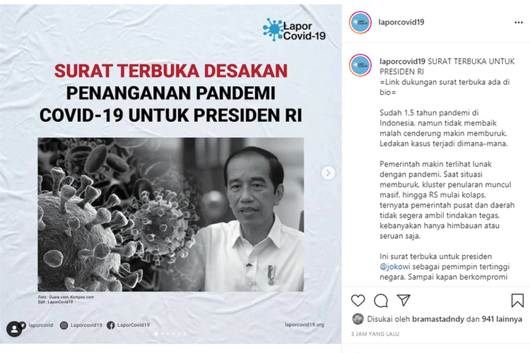 Tangkapan layar unggahan dari Koalisi LaporCovid-19 soal surat terbuka desakan penanganan pandemi Covid-19 untuk Presiden RI, Joko Widodo (Jokowi).