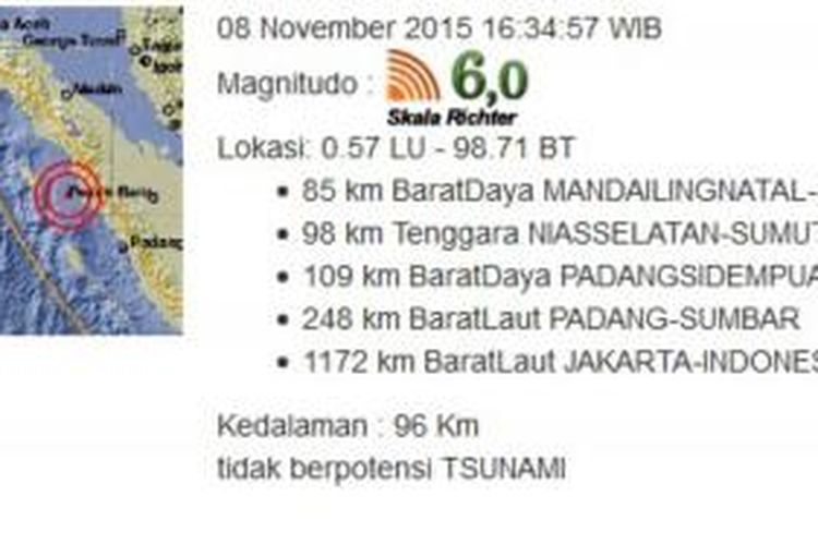 Gempa yang berada di Laut 85 KM Barat Daya Mandiling Natal, Sumatera Utara, pada pukul 16:34:57 WIB, dengan kekuatan 6,0 SR, berada di Lintang 0.57 Lintang Utara,  Bujur 98.71 Bujur Timur dengan kedalaman 96 Km. 