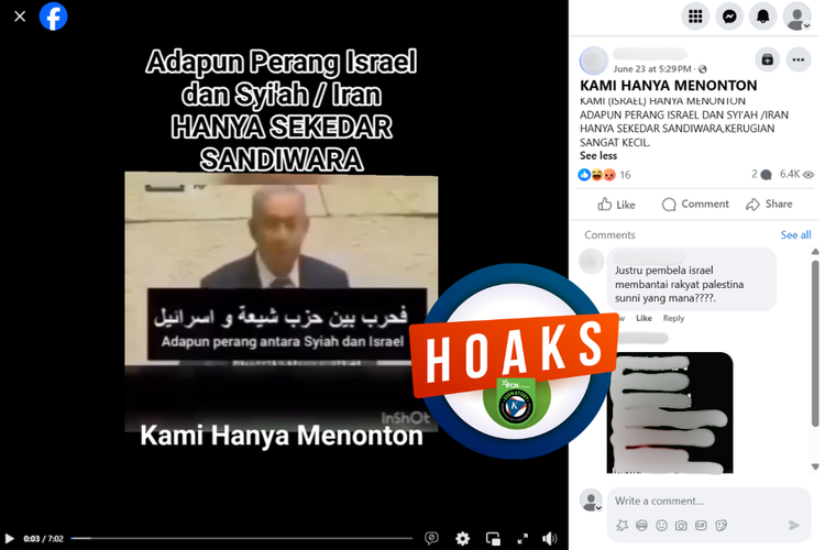 Tangkapan layar konten hoaks di sebuah akun Facebook, Senin (23/6/2025), menampilkan video Netanyahu menyatakan perang antara Israel dan Iran hanyalah sandiwara.