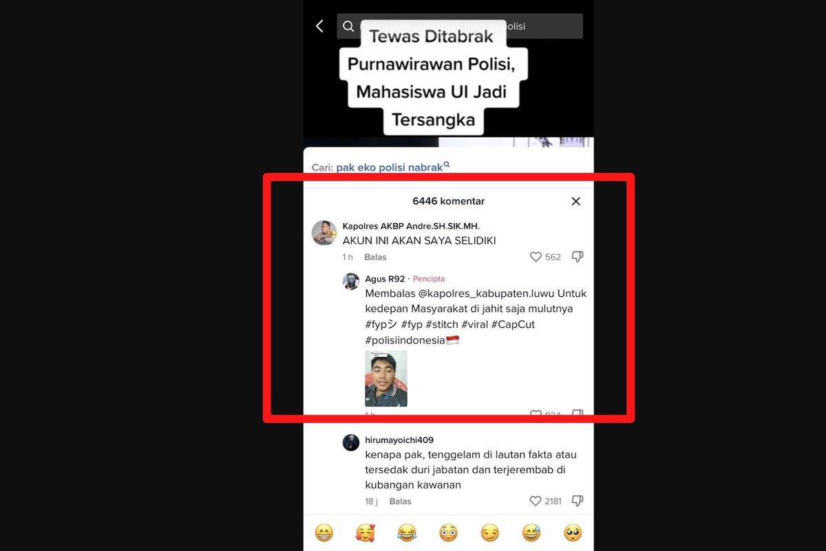 Beredar sebuaht angkapan layar yang menunjukkan akun TikTok diduga milik Kapolres Ende AKBP Andre Librian akan pengguna TikTok yang mengkritik kasus mahasiswa UI tewas ditabrak.