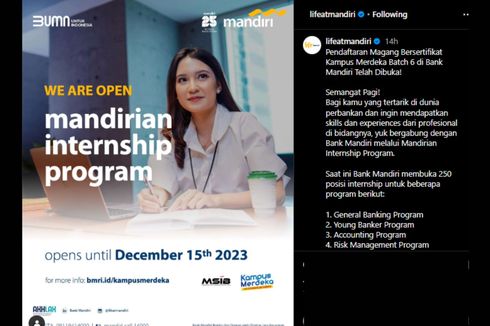 Bank Mandiri Buka Pendaftaran Magang Kampus Merdeka hingga 15 Desember 2023, Mahasiswa Dapat Uang Saku!