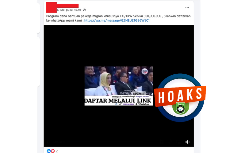 Tangkapan layar Facebook narasi yang mengeklaim BP2MI meluncurkan program bantuan kepada pekerja migran