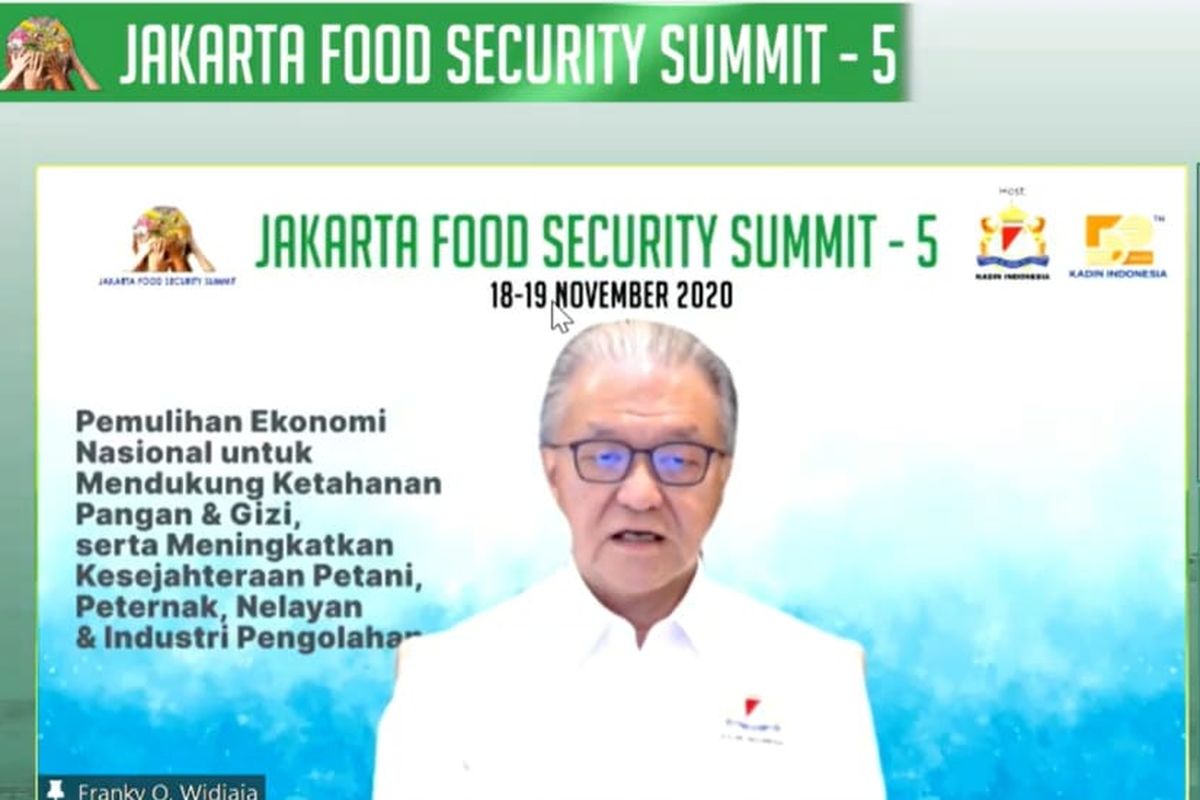 Wakil Ketua Umum Kadin Bidang Bidang Agribisnis, Pangan dan Kehutanan Franky Oesman Widjaja dalam forum dua tahunan Jakarta Food Security Summit ke-5.
