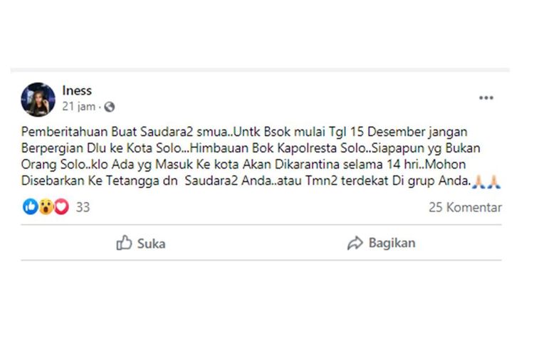 Tangkapan layar unggahan dengan narasi mulai 15 Desember 2020, siapapun yang memasuki Kota Solo akan dikarantina selama 14 hari.