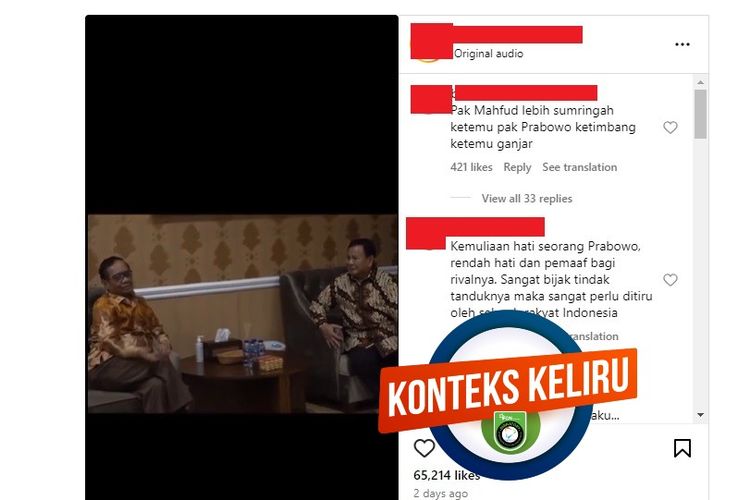 Tangkapan layar Instragram video yang menyebut Prabowo mengunjungi rumah Mahfud MD setelah Pilpres