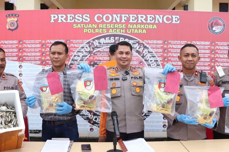 Polisi memperlihatkan tersangka membawa sabu dalam kardus ikan asin di Mapolres Aceh Utara, Kamis (31/8/2023)