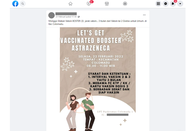 Tangkapan layar unggahan di sebuah akun Facebook, tentang informasi jarak vaksin booster Covid-19 tiga bulan dari dosis primer.