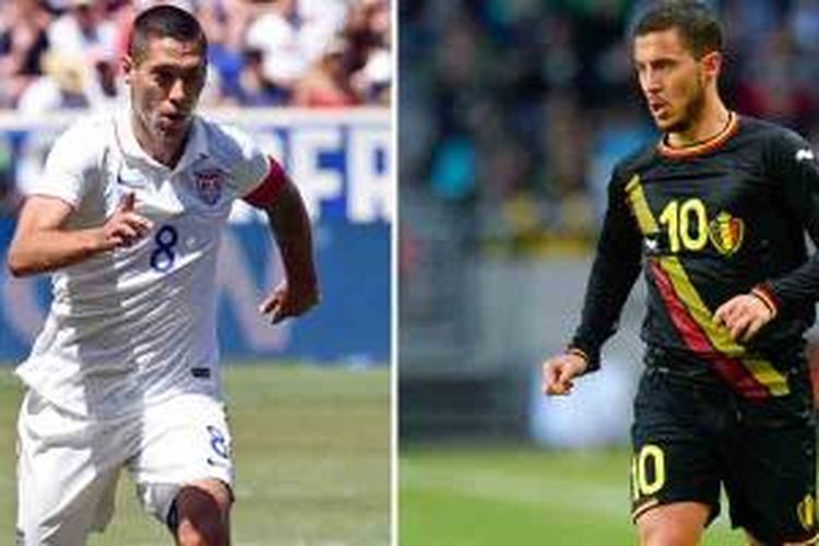 Kombinasi foto yang memperlihatkan aksi kapten sekaligus striker Amerika Serikat, Clint Dempsey (kiri), dalam pertandingan di Harrison pada 1 Juni 2014, dan striker Belgia, Eden Hazard, dalam laga di Solna pada 1 Juni 2014.