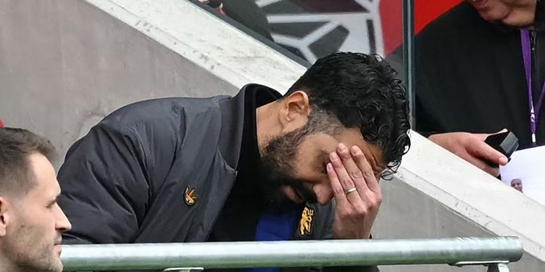 Reaksi pelatih Manchester United, Ruben Amorim, pada laga Brentford vs Man United di Gtech Community Stadium pada Sabtu (27/9/2025).