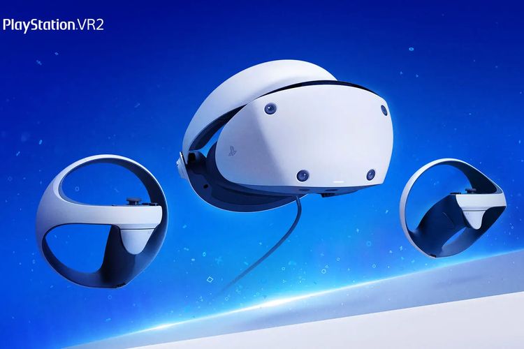 Ilustrasi headset PS VR2 dan perangkat kendali (controller) PS VR2 Sense.