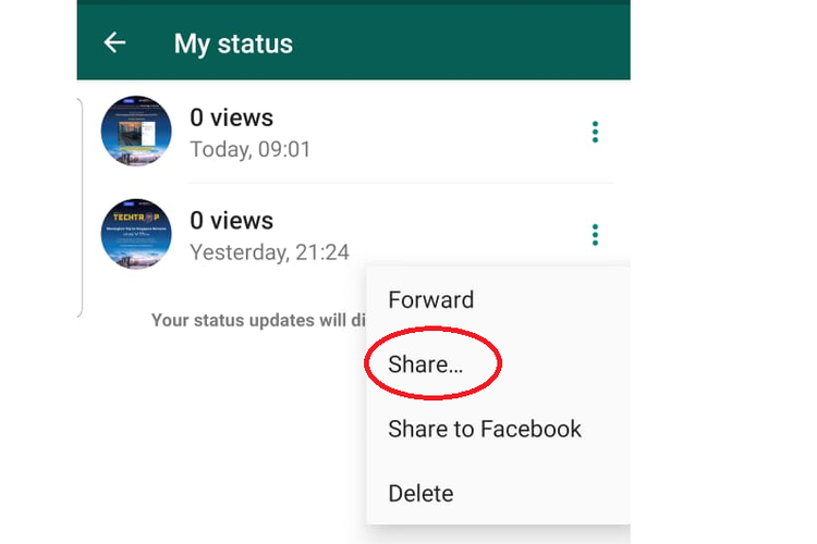 Pilih opsi share atau bagikan untuk membagikan WhatsApp Status ke aplikasi lain seperti Instagram, Twitter, dll.