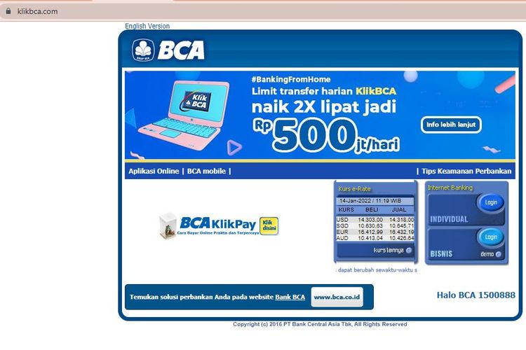 Contoh ibanking atau internet banking BCA yang bisa diakses di alamat website klikbca.com